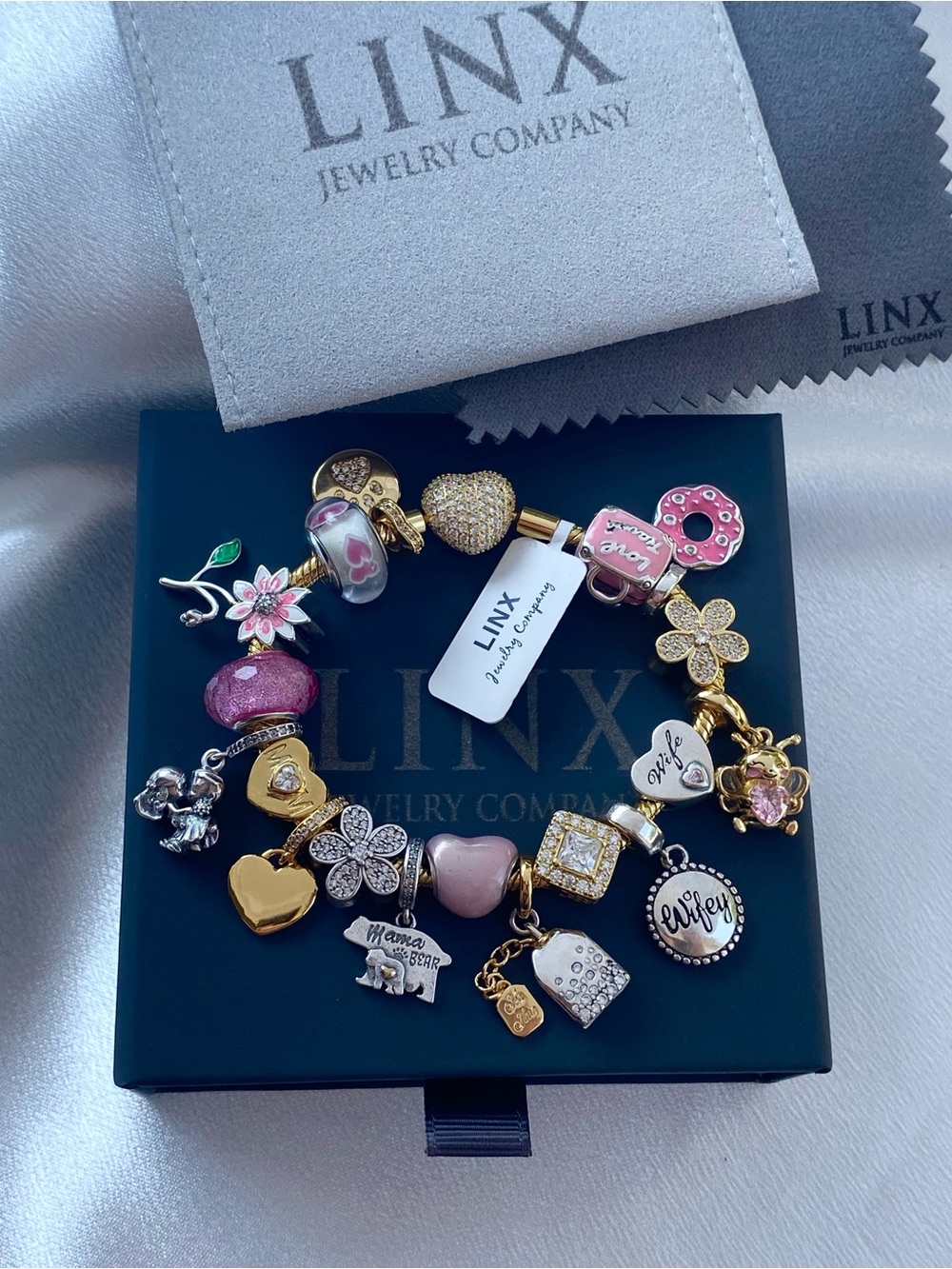 Linx Gold Snake Chain Charm Bracelet with Wife & Mom Themed Charms
